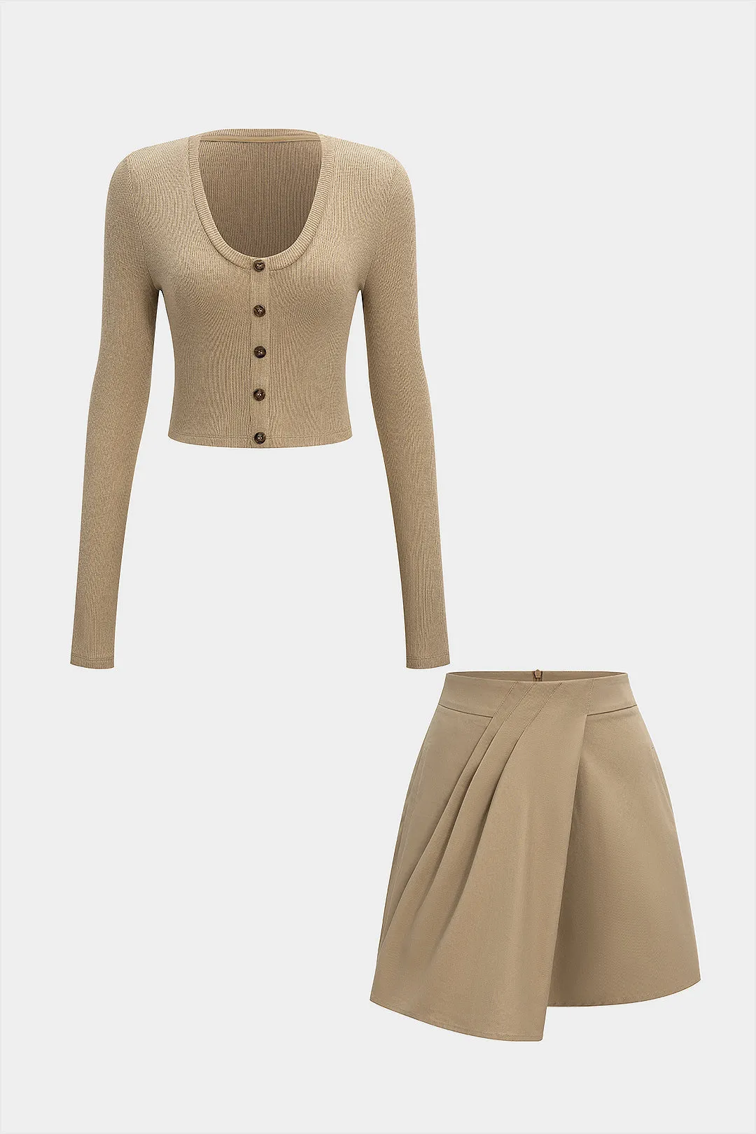 Round Neck Long-Sleeve Top And Pleated Zipper Mini Skirt Set sold by Micas