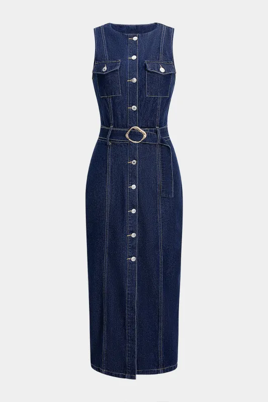 Denim Button Belted Sleeveless Denim Dress sold by Micas