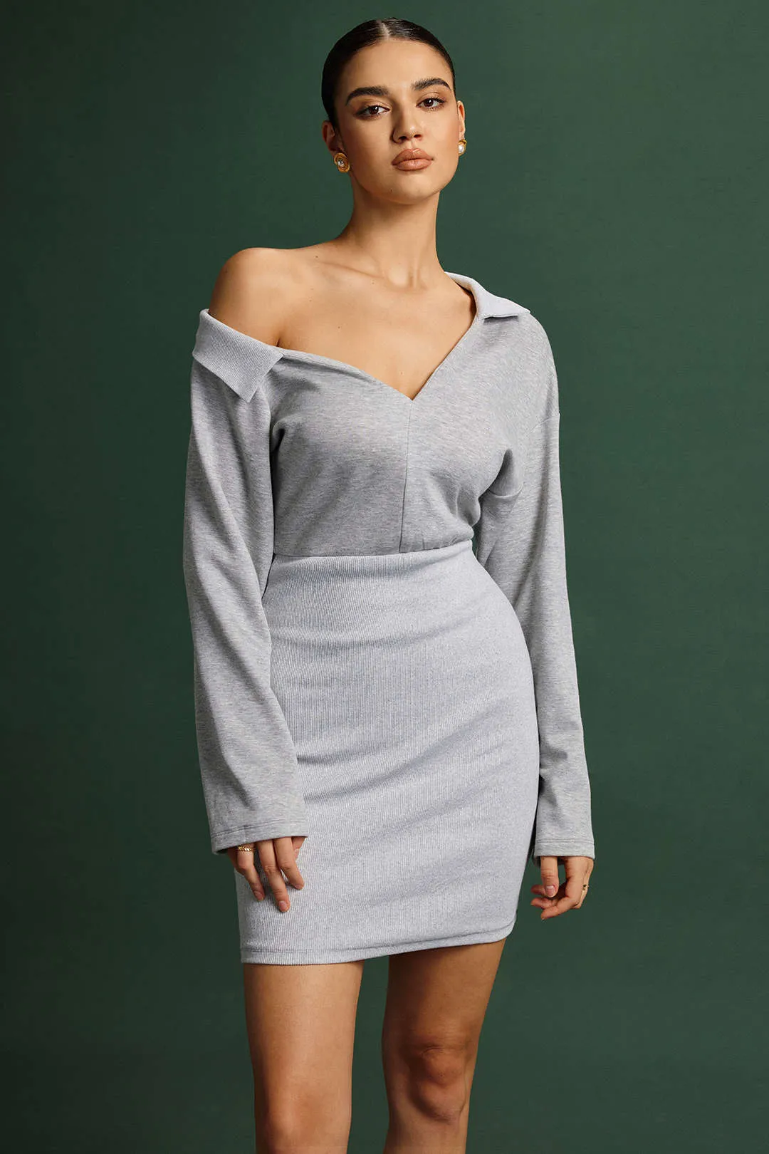 Asymmetrical Neck Ruched Long Sleeve Mini Dress sold by Micas