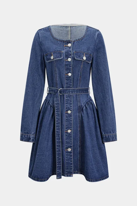 Denim Button Belted Long Sleeve Dress sold by Micas