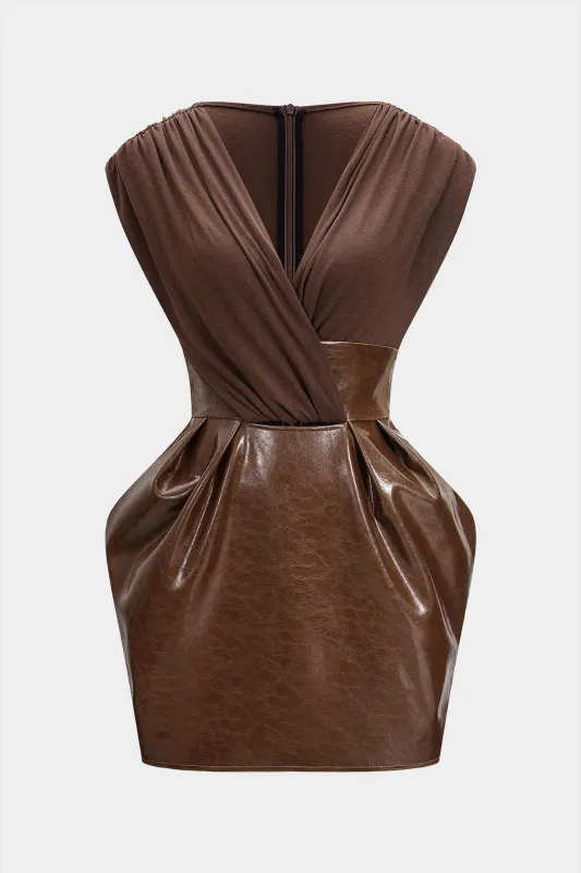Faux Leather Patchwork V-Neck Ruched Sleeveless Mini Dress sold by Micas