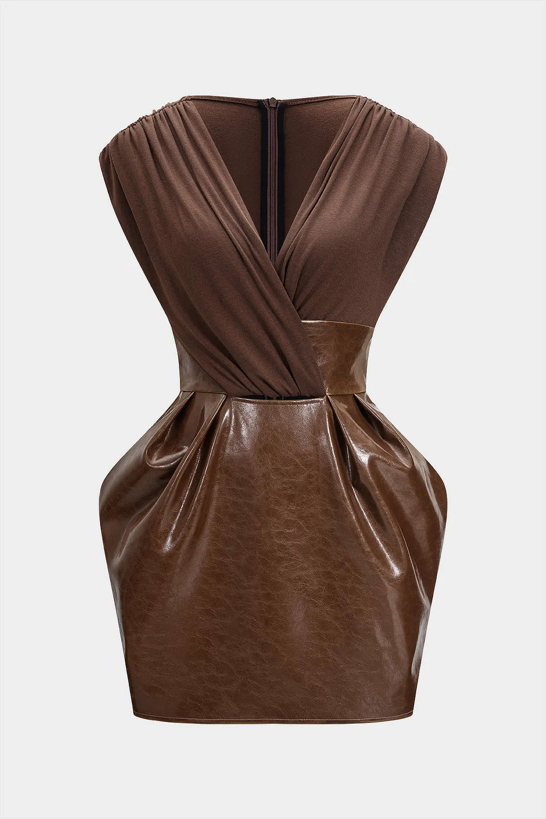 Faux Leather Patchwork V-Neck Ruched Sleeveless Mini Dress sold by Micas