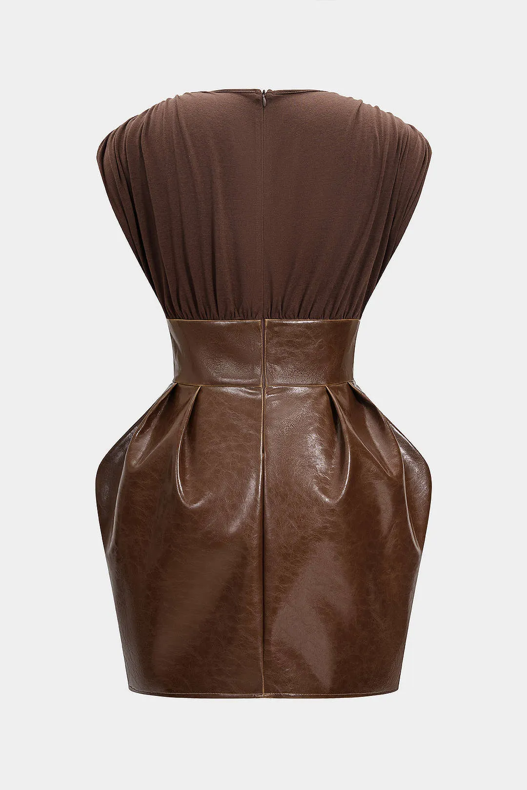 Faux Leather Patchwork V-Neck Ruched Sleeveless Mini Dress sold by Micas product image thumbnail 2