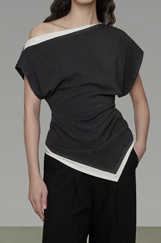 Boat Neck Ruched Asymmetrical Short Sleeve T-Shirt sold by Micas