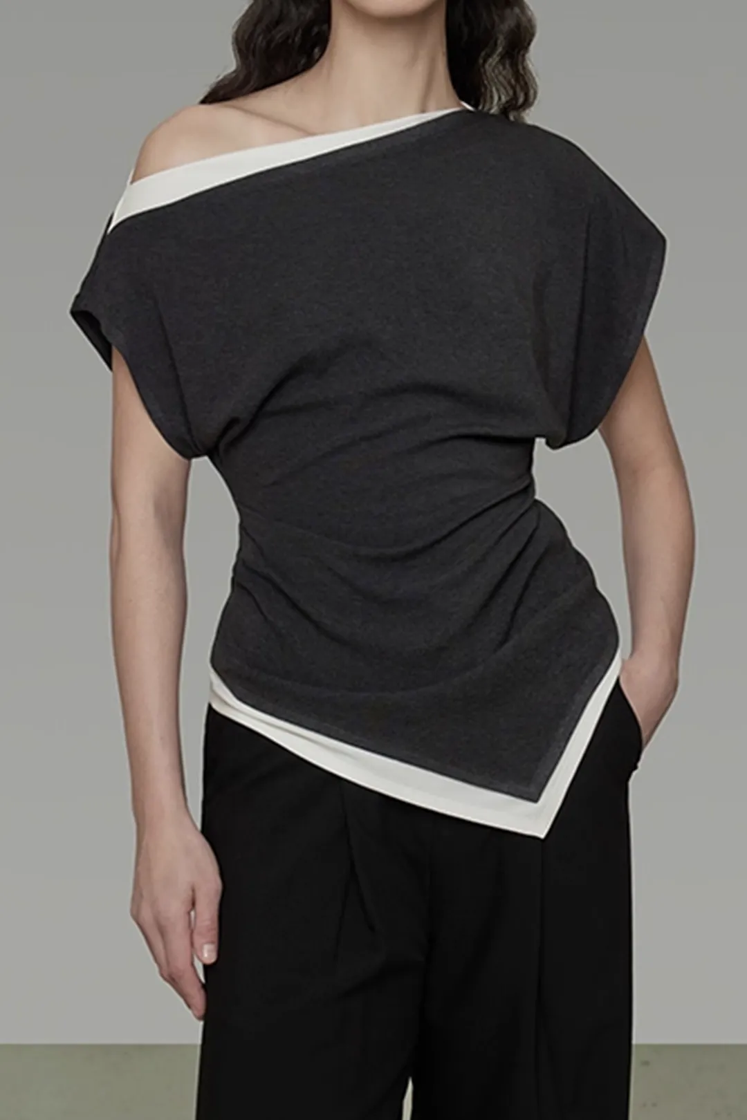 Boat Neck Ruched Asymmetrical Short Sleeve T-Shirt sold by Micas