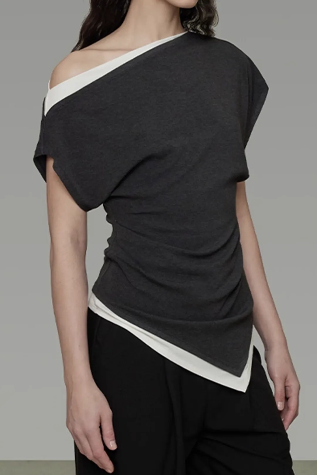 Boat Neck Ruched Asymmetrical Short Sleeve T-Shirt sold by Micas product image thumbnail 2