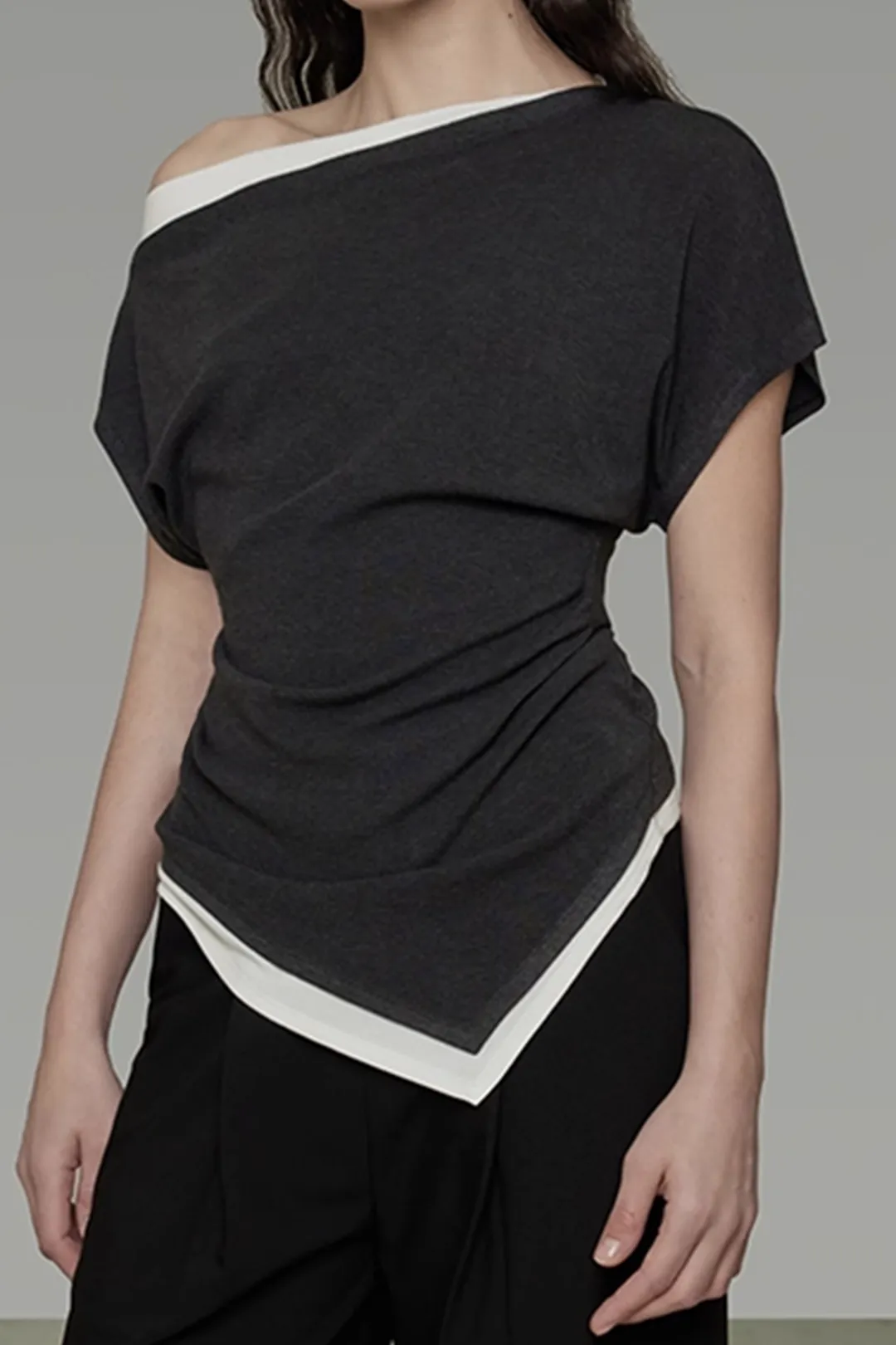 Boat Neck Ruched Asymmetrical Short Sleeve T-Shirt sold by Micas product image thumbnail 3