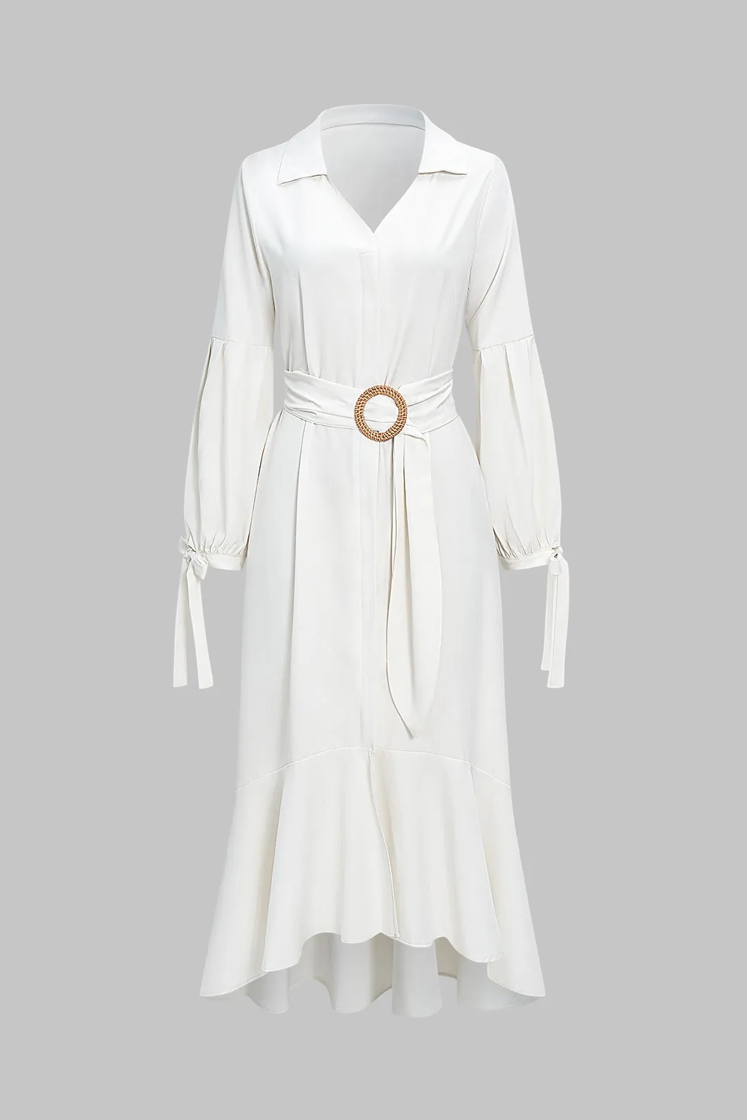 Solid V-Neck Belted Tie-Up Long Sleeve Maxi Dress sold by Micas