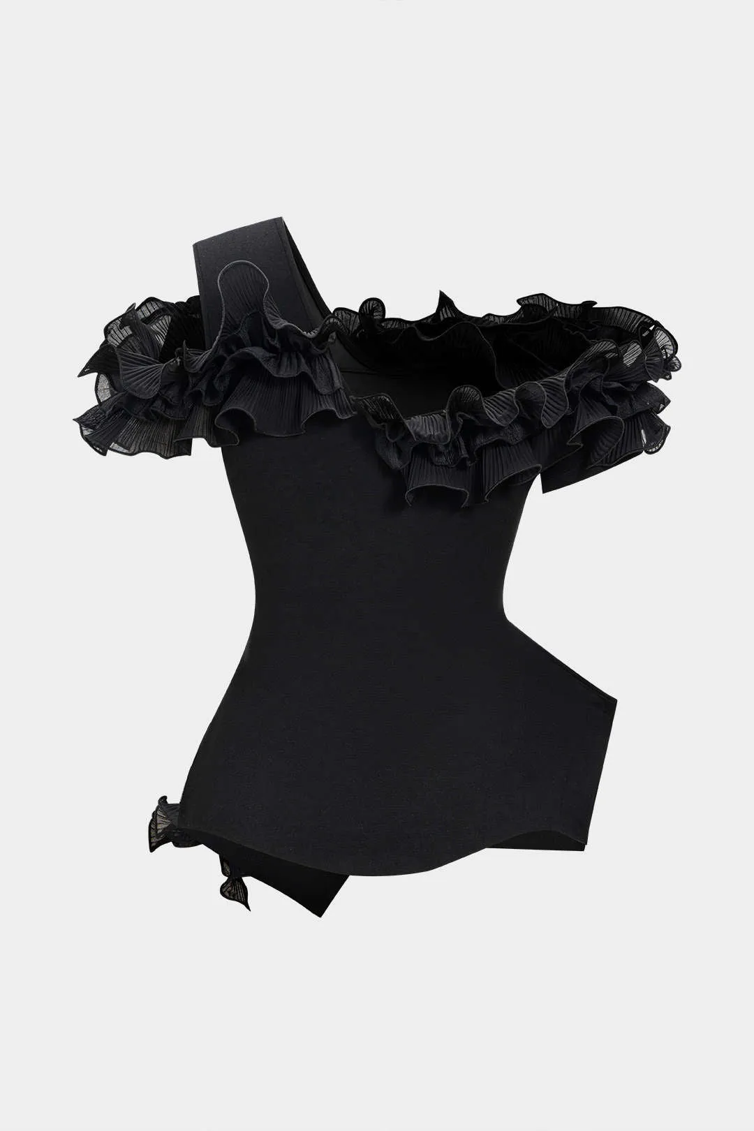 Asymmetrical Shoulder Ruffle Zipper T-Shirt sold by Micas product image thumbnail 2