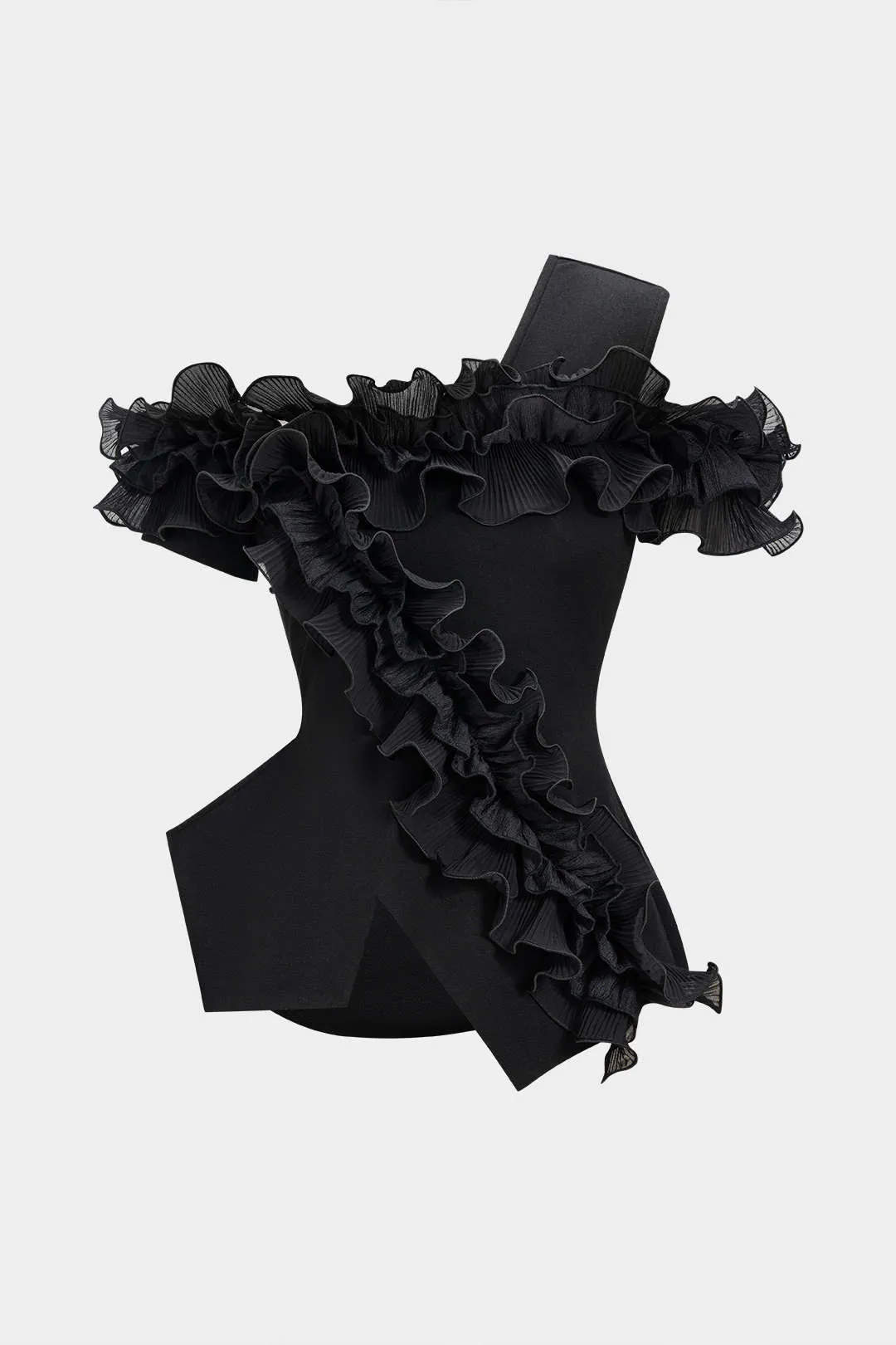 Asymmetrical Shoulder Ruffle Zipper T-Shirt sold by Micas