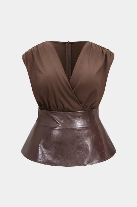 Plus Size Faux Leather Patchwork V-Neck Tank Top sold by Micas