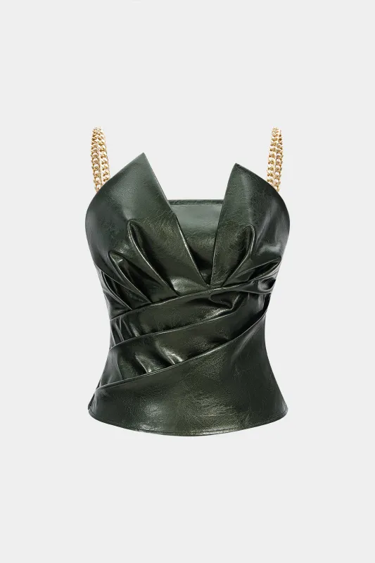 Faux Leather Metallic Chain Ruched Cami Top sold by Micas