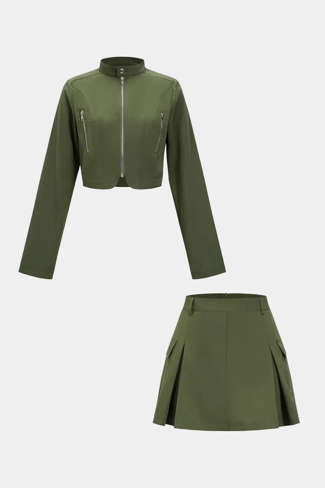 Zipper Long-Sleeve Top And High Waist Skirt Set sold by Micas