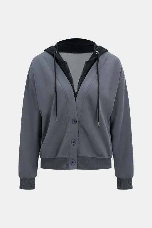 Drawstring Button Patchwork Zipper Hoodie sold by Micas