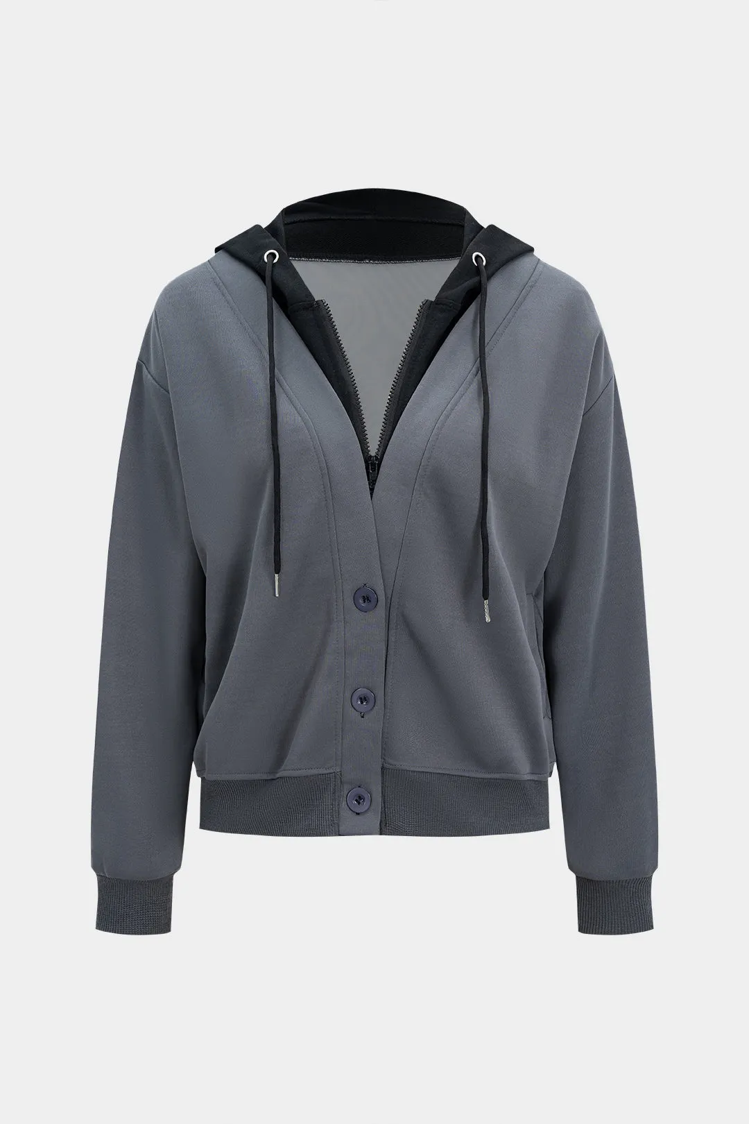 Drawstring Button Patchwork Zipper Hoodie sold by Micas