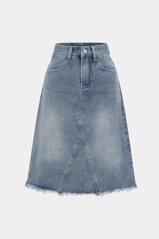 Denim High Waist Belted Frayed Skirt sold by Micas