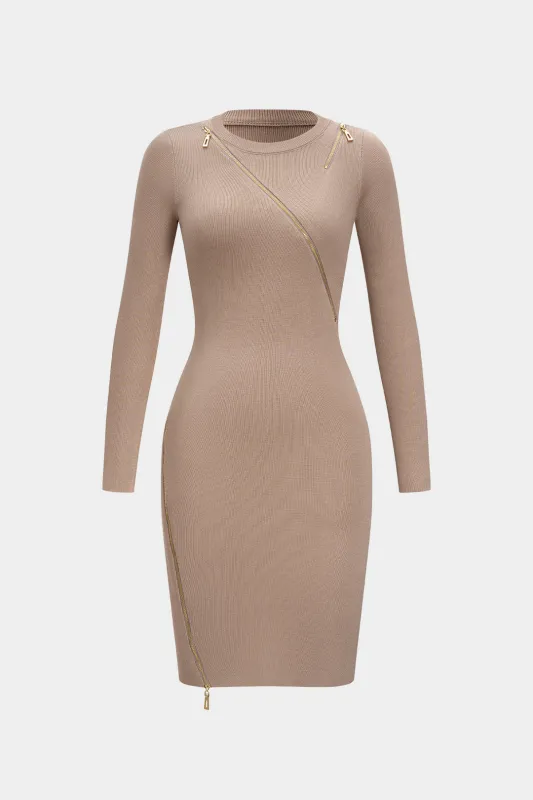 Knit Asymmetrical Zipper Long Sleeve Dress sold by Micas