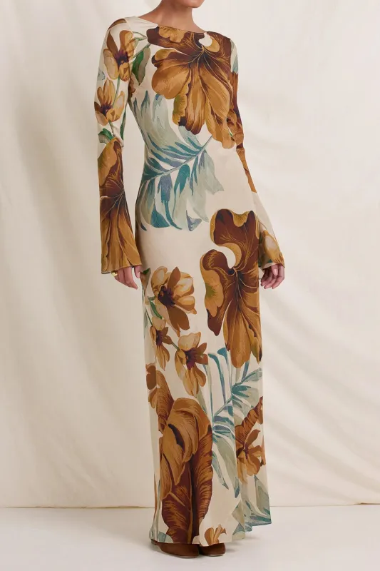 Floral Print Bell Sleeve Backless Long Sleeve Maxi Dress sold by Micas