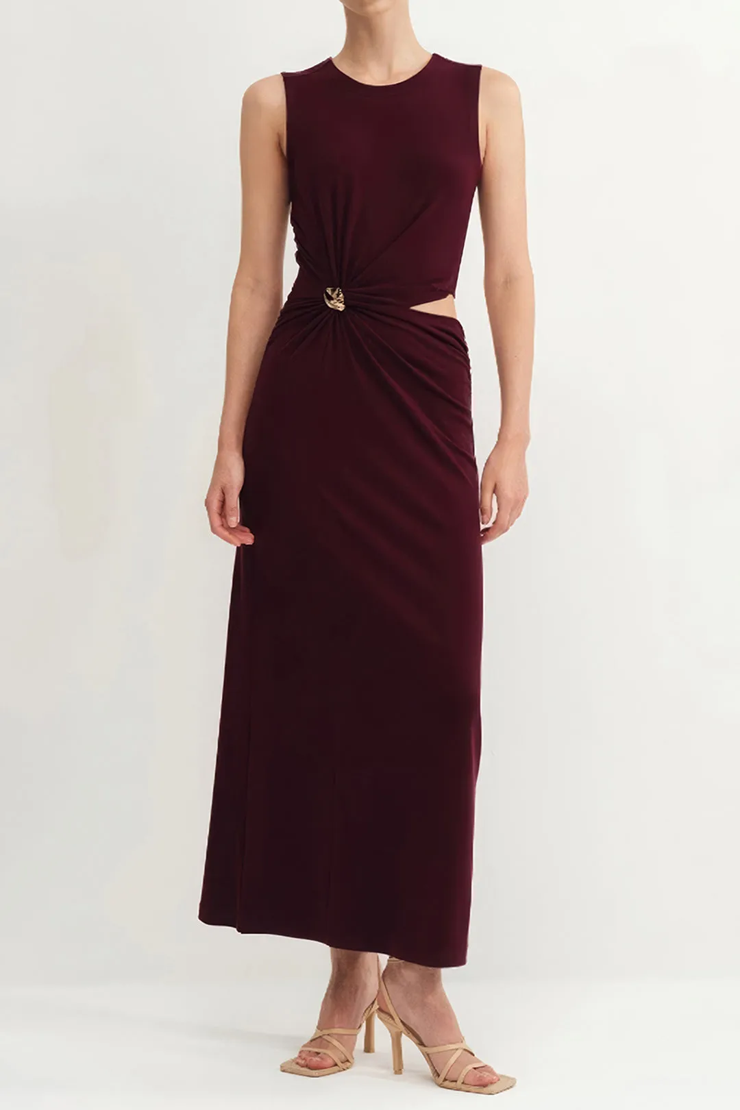 Metallic Decor Ruched Cut Out Sleeveless Maxi Dress sold by Micas