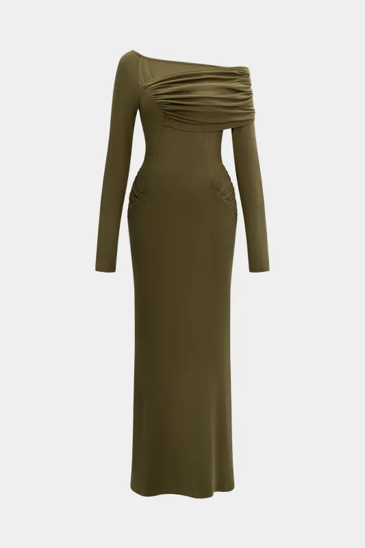 Ruched Asymmetrical Neck Long Sleeve Maxi Dress sold by Micas