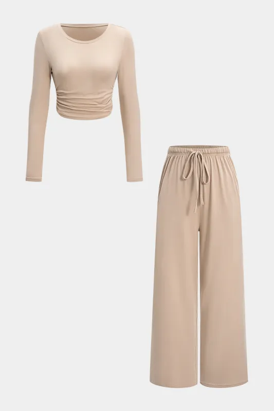 Ruched Long-Sleeve Top And Tie-Up Trousers Set sold by Micas