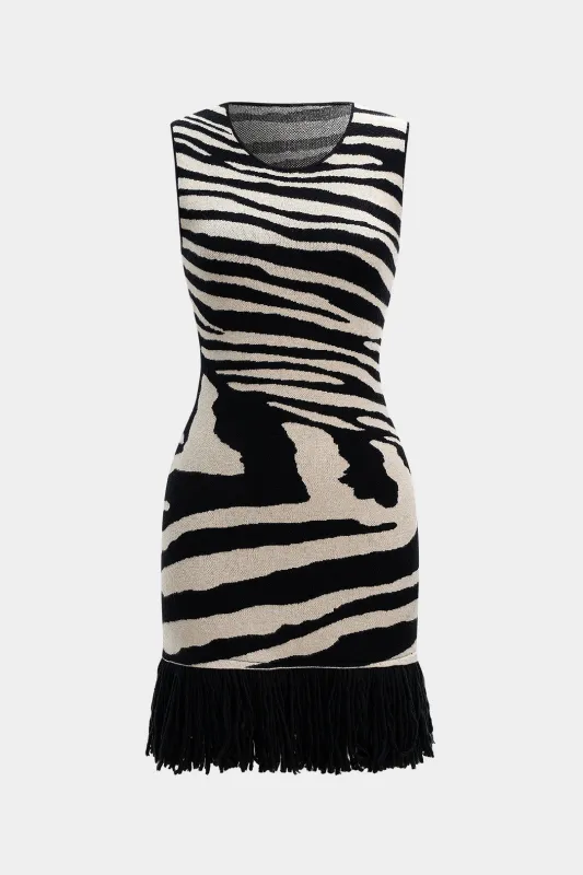 Zebra Stripe Print Knit Round Neck Fringe Tank Sleeveless Dress sold by Micas