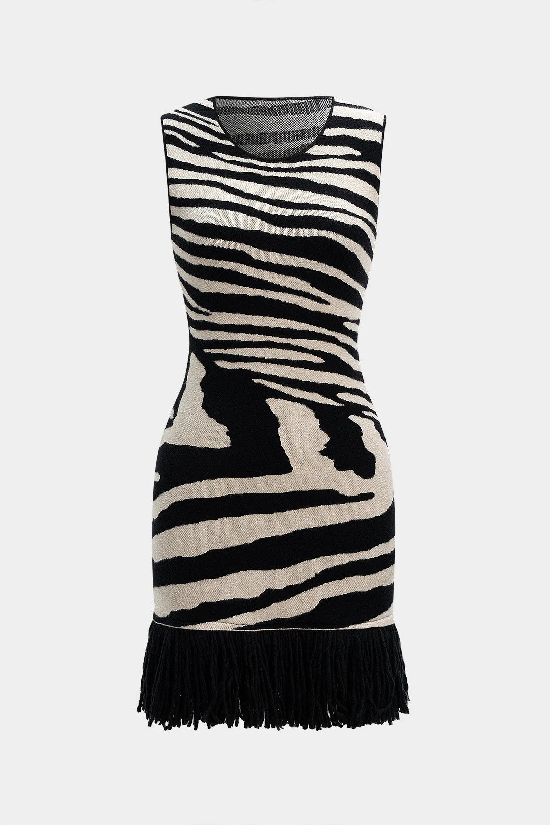 Zebra Stripe Print Knit Round Neck Fringe Tank Sleeveless Dress sold by Micas