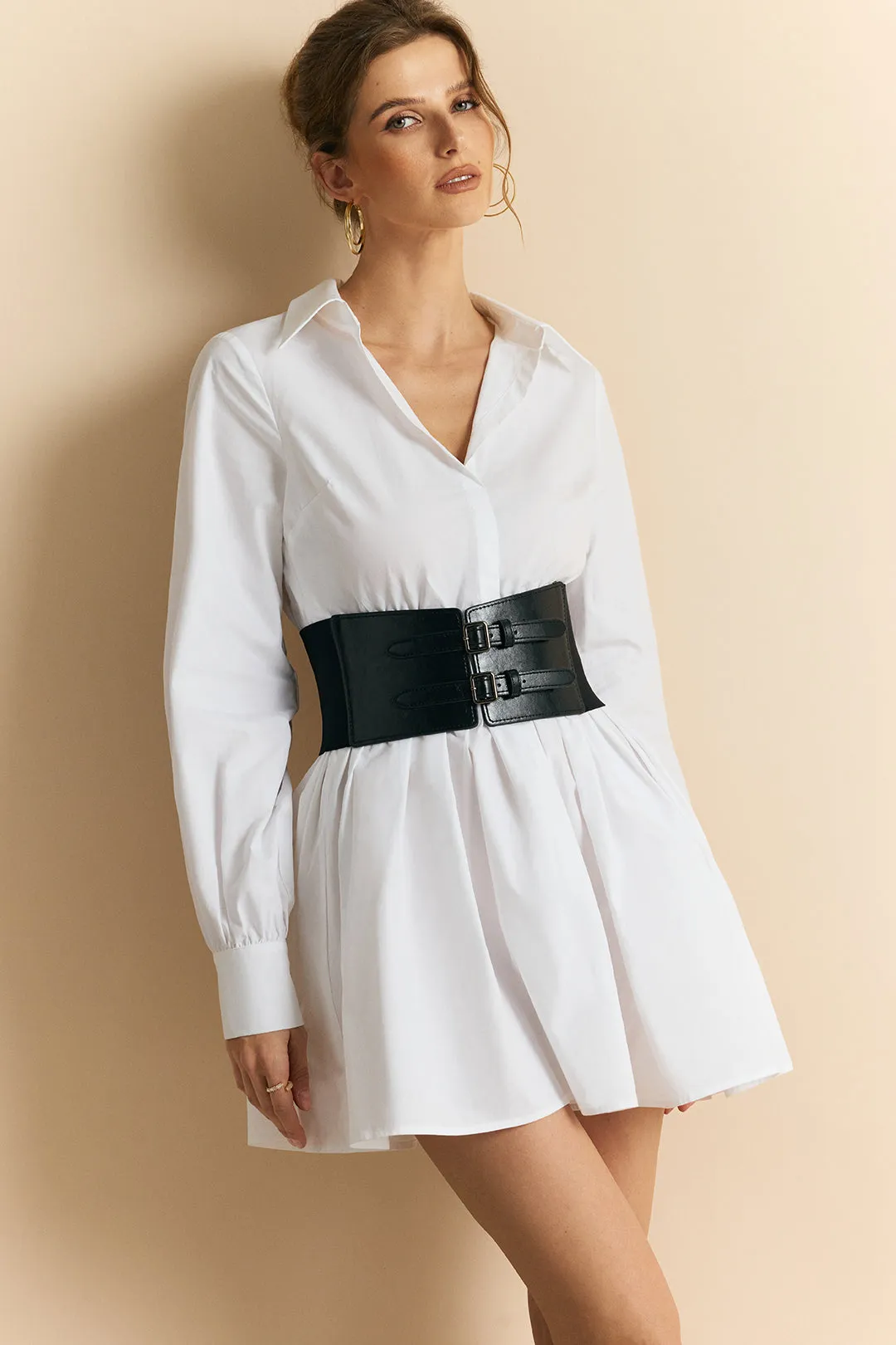 Button Ruched Belted Long Sleeve Mini Dress sold by Micas