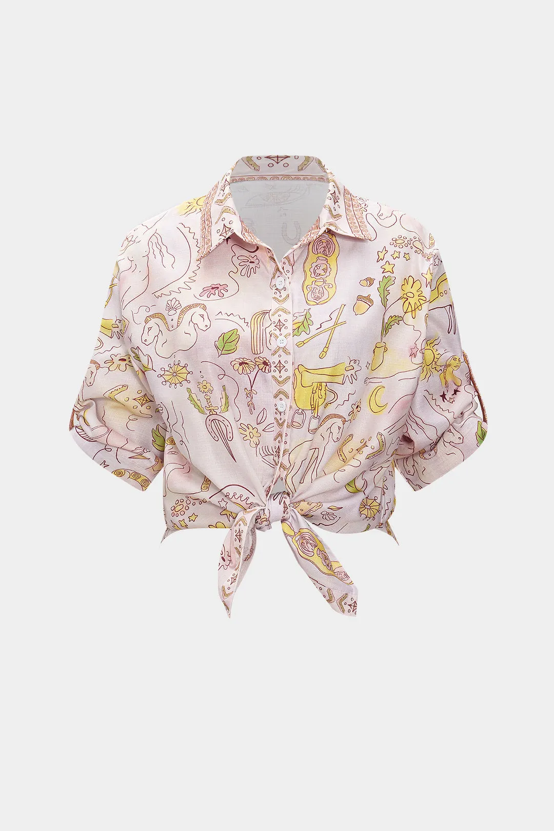 Tegneserieprint kortærmet ruched-knap-shirt og tegningsbukser sæt sold by Micas product image thumbnail 2
