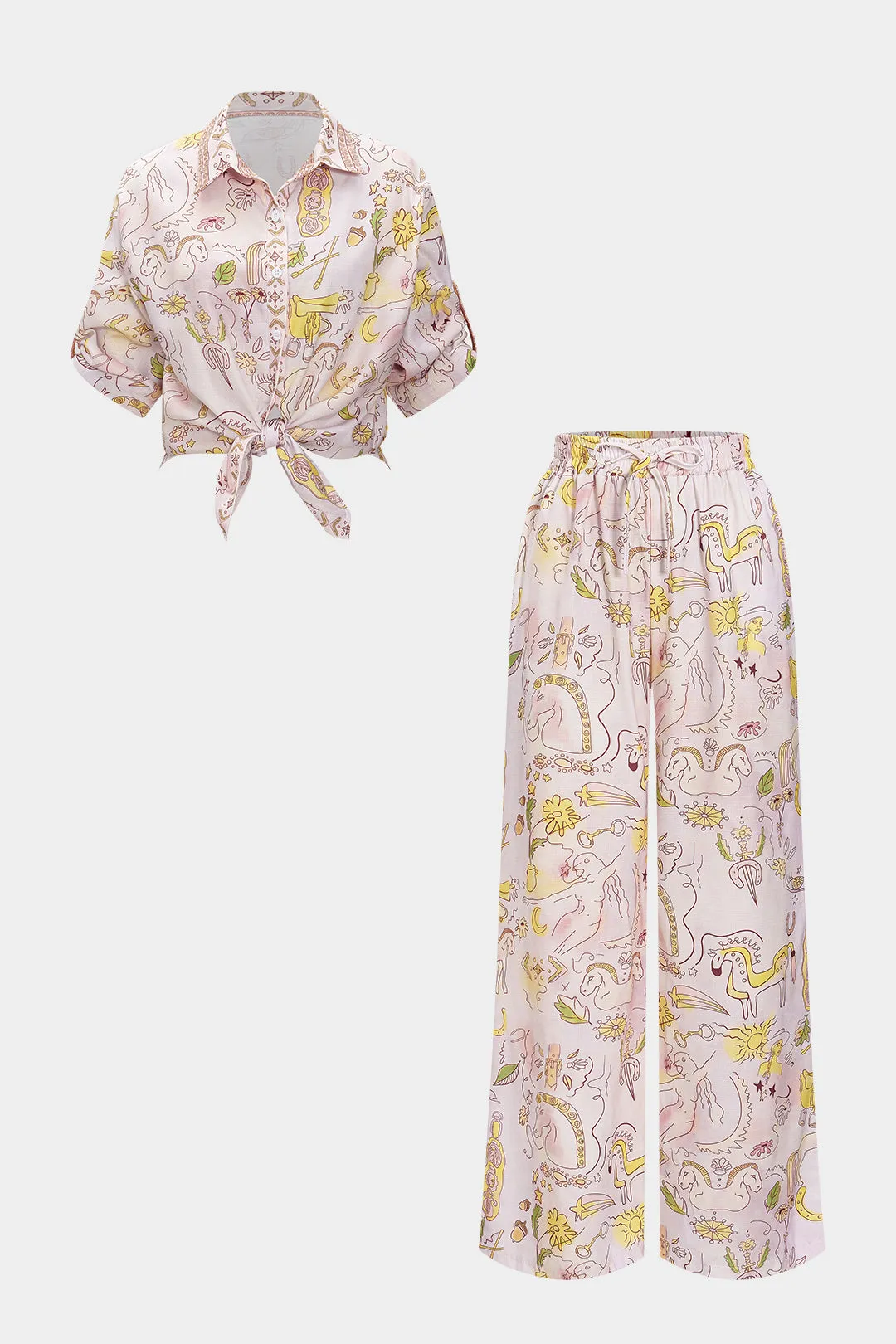 Tegneserieprint kortærmet ruched-knap-shirt og tegningsbukser sæt sold by Micas