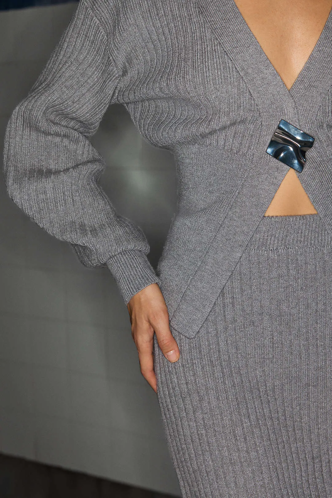Knit Metallic Button V-Neck Long-Sleeve Top sold by Micas product image thumbnail 3