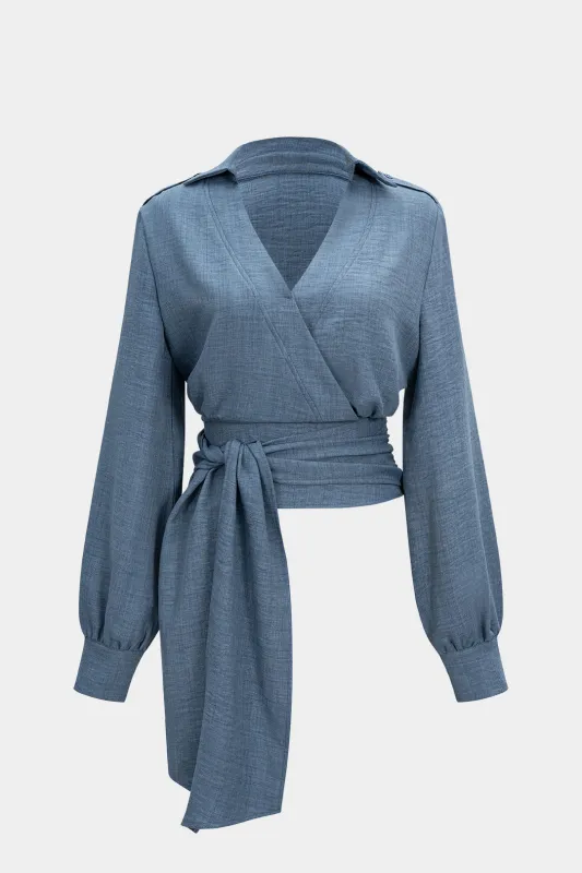Ruched Tie-Front V-Neck Asymmetrical Long-Sleeve Shirt sold by Micas