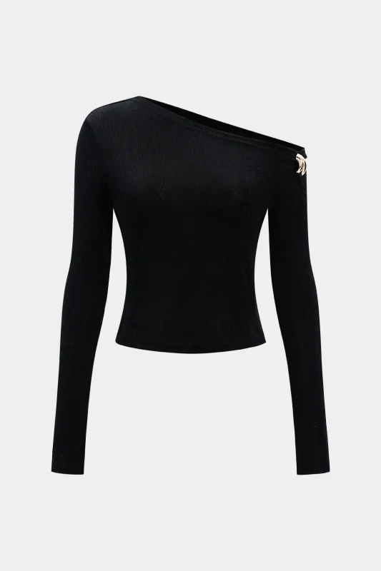 Metallic Decor Asymmetrical Neck Long-Sleeve Top sold by Micas