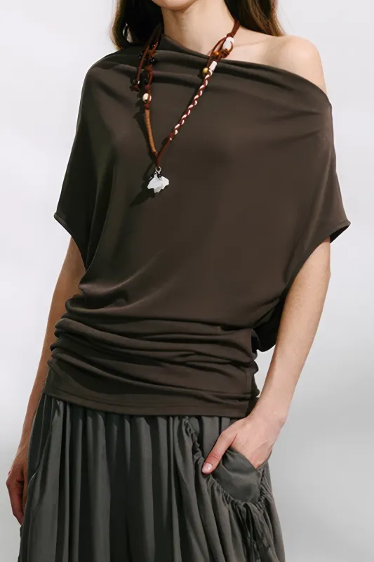 Ruched Boat Neck Asymmetrical Short-Sleeve Top sold by Micas
