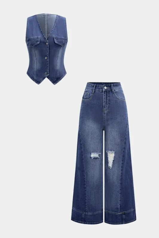 Denim Washed Button Tank Top And Ripped High Waist Wide Leg Jeans Set sold by Micas