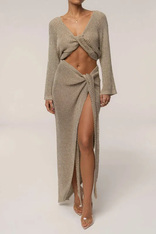 Knit Twist Knot Long-Sleeve Top And Side Slit Skirt Set sold by Micas