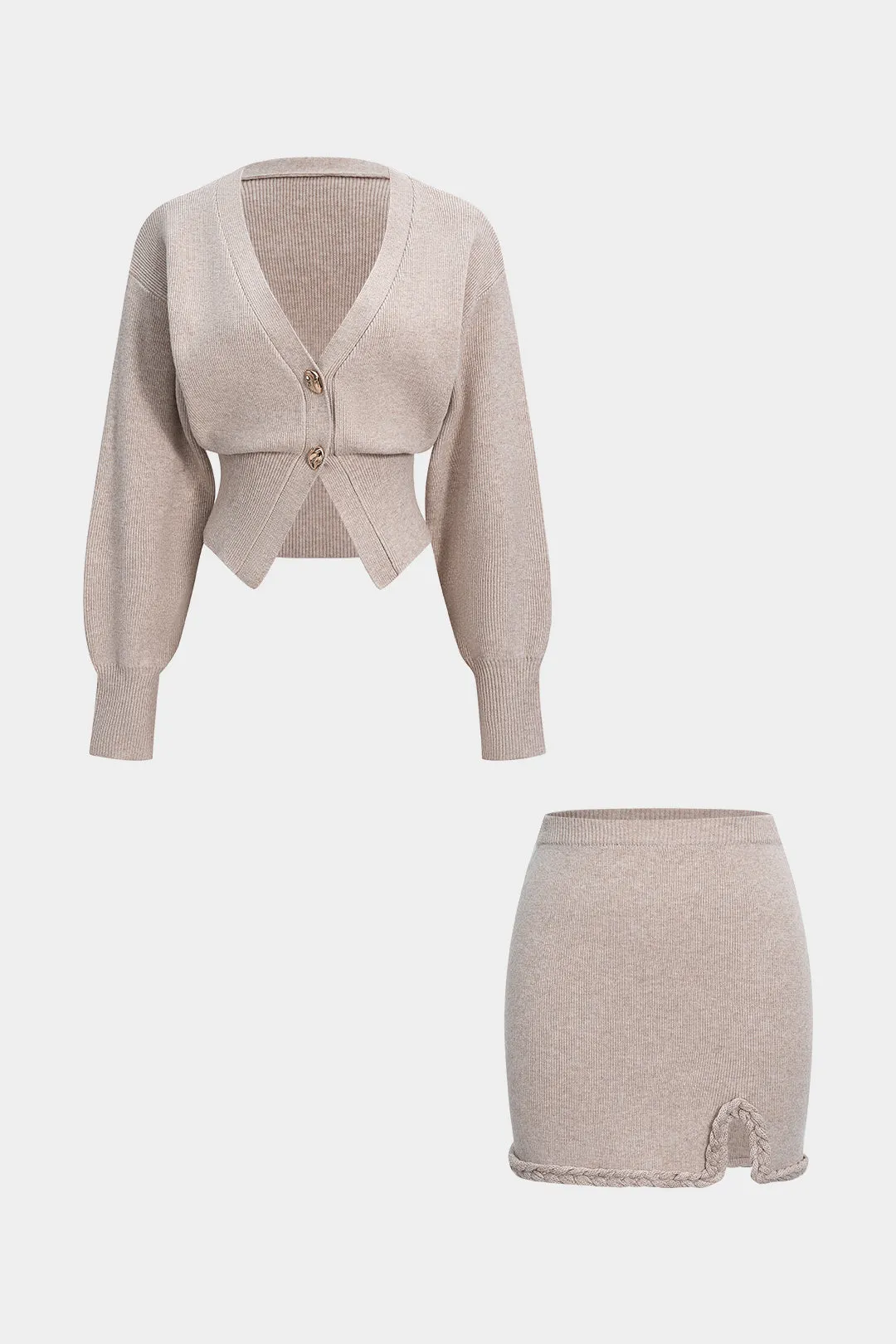 Knit V-Neck Button Long-Sleeve Top And 3D Embroidery Mini Skirt Set sold by Micas