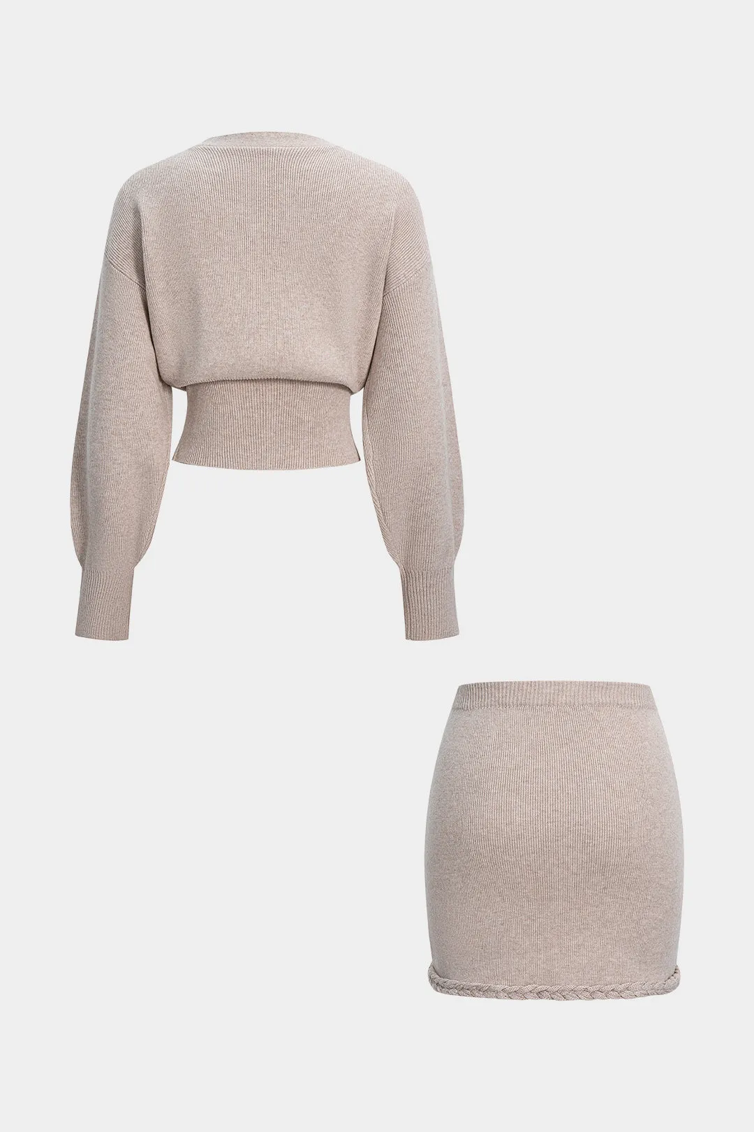 Knit V-Neck Button Long-Sleeve Top And 3D Embroidery Mini Skirt Set sold by Micas product image thumbnail 2