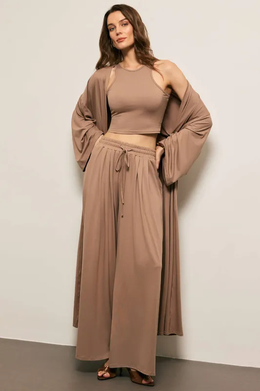 Soid Basic Tank Top And Long Cardigan And Drawstring Wide Leg Trousers Set sold by Micas