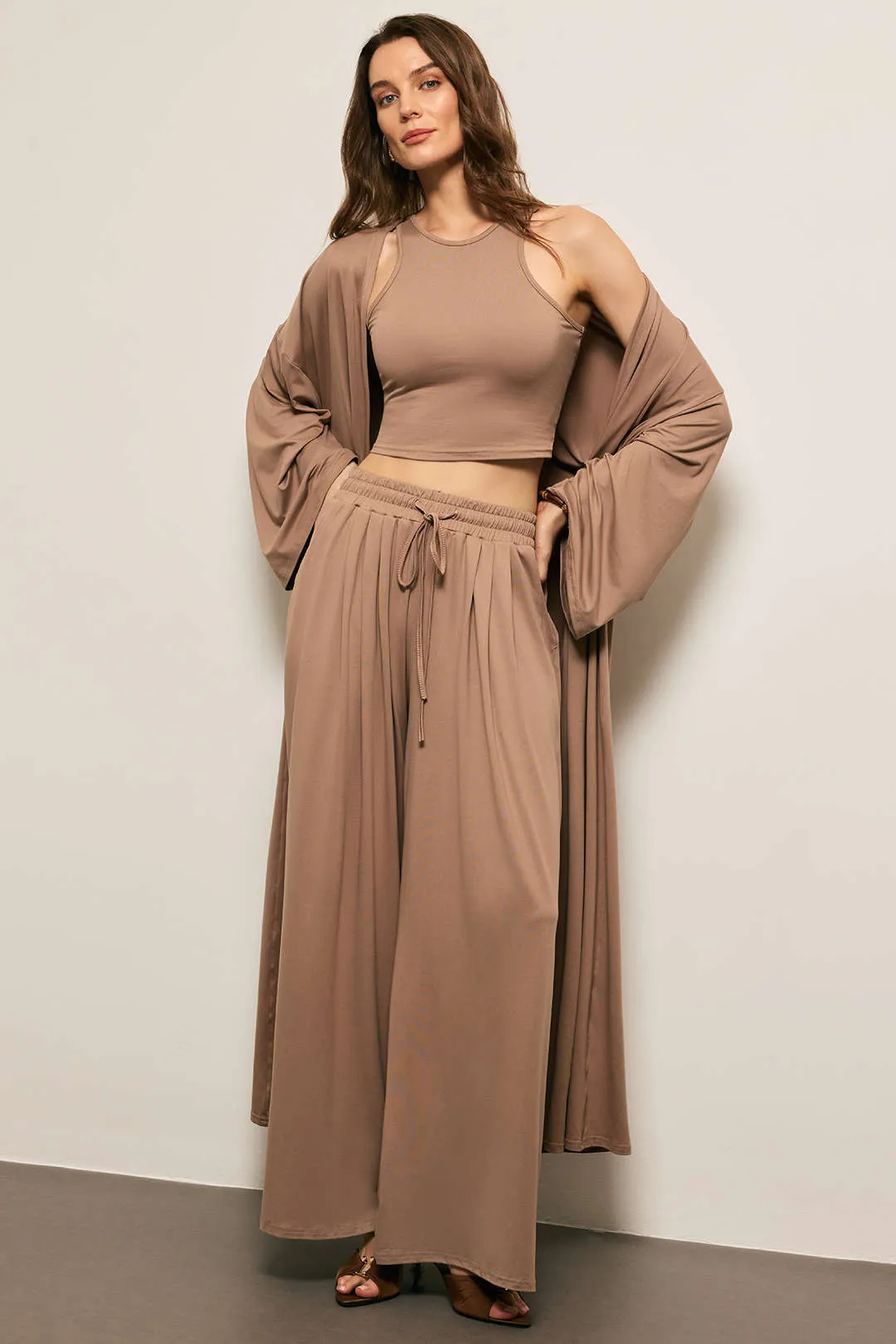 Soid Basic Tank Top And Long Cardigan And Drawstring Wide Leg Trousers Set sold by Micas