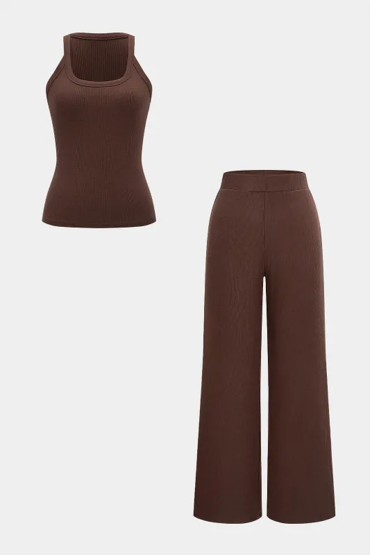 Solid Sqaure Neck Tank Top And Wide Leg Trousers Set sold by Micas