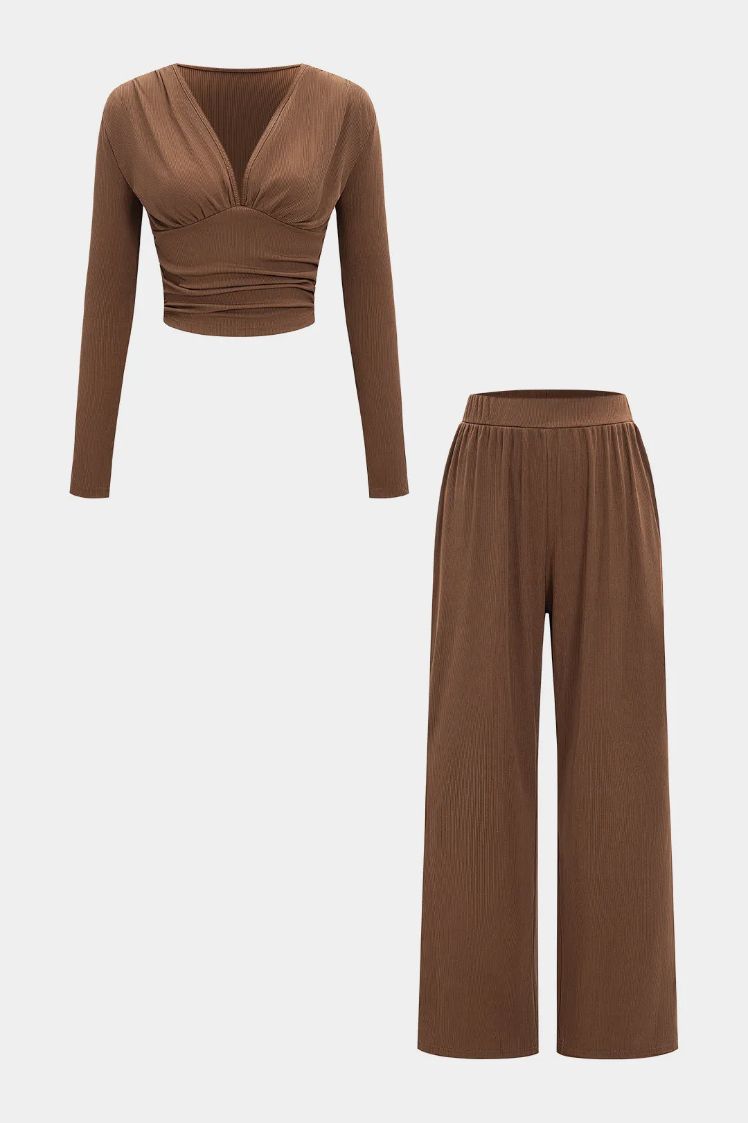 V-Neck Ruched Long Sleeve And Wide Leg Trousers Set sold by Micas