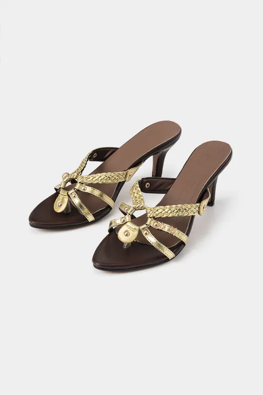 Metallic Woven Open Toe Heels sold by Micas