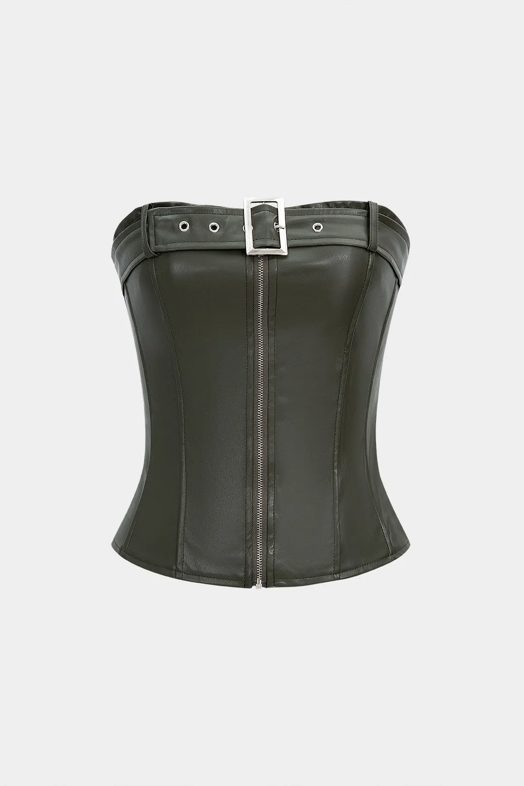 Faux Leather Smocked Strapless Belted Zipper Tube Top sold by Micas