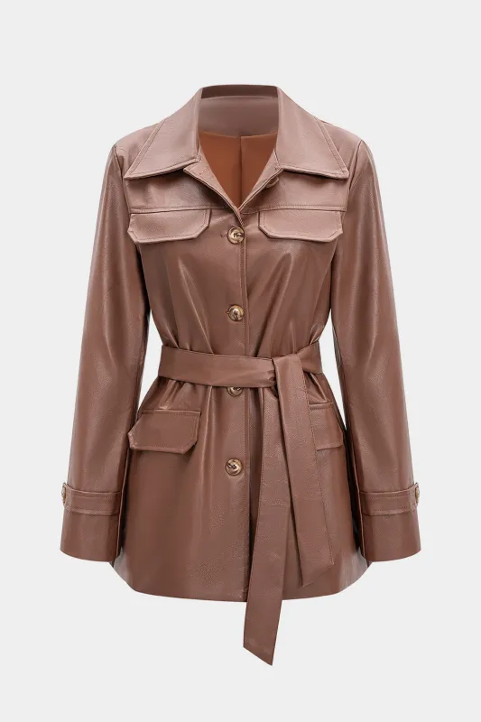 Faux Leather Button Belted Jacket sold by Micas