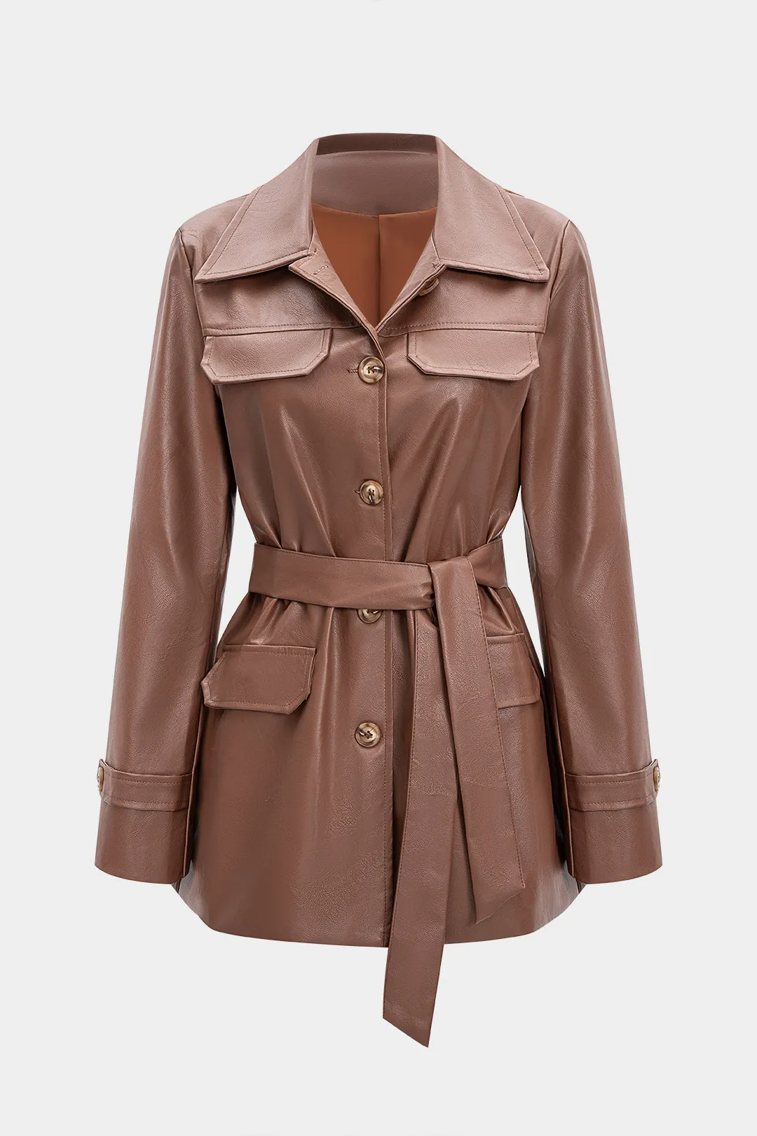 Faux Leather Button Belted Jacket sold by Micas