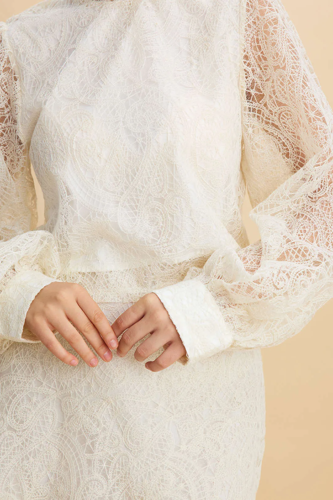 Lace Patchwork High Collar Lantern Puff Sleeve And Skirt Set sold by Micas product image thumbnail 4