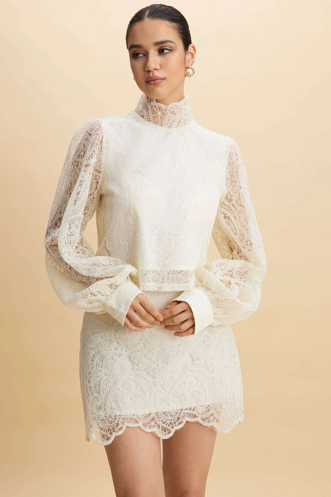 Lace Patchwork High Collar Lantern Puff Sleeve And Skirt Set sold by Micas