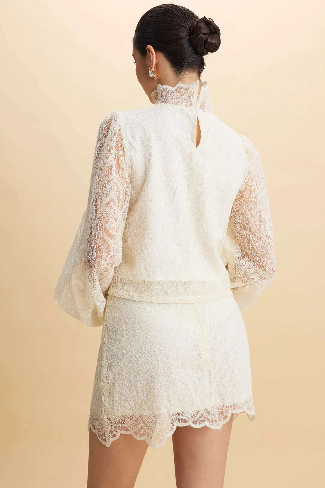 Lace Patchwork High Collar Lantern Puff Sleeve And Skirt Set sold by Micas product image thumbnail 3