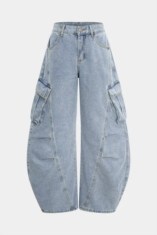 Denim Wide Leg Pocket Barrel Jeans sold by Micas